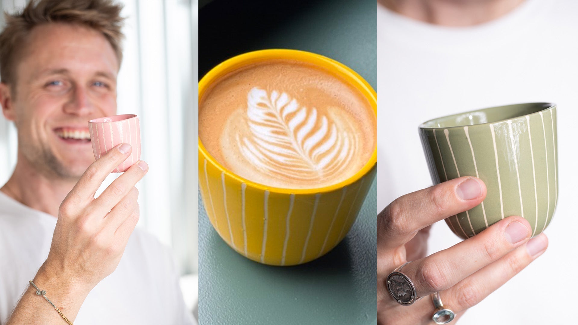 Handbemalte gestreifte Espresso und Cappuccino Becher aus der Striped Collection – farbige Kaffeetassen aus Steinzeug.