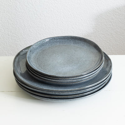 Plate set stoneware reactive glaze blue handmade