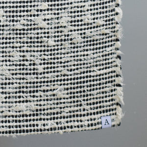Closeup of a bathroom rug striped with black cotton fabric and white terrycloth 