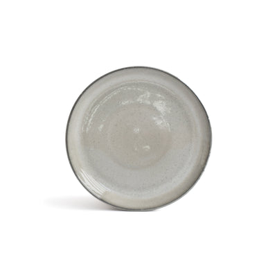 The small light gray plate with a dark gray rim stands detached against a white background