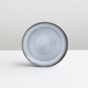 Light blue with dark blue mottled small round plate with dark blue rim against a light gray background