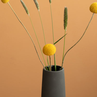 Grosse hohe schmale Vase perfekt für dünne Blumen in matt schwarzer Farbe Detailaufnahme der Öffnung