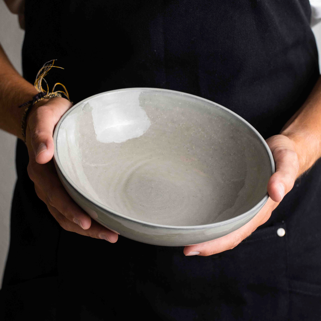 Large round pasta plate stoneware handmade gray glaze